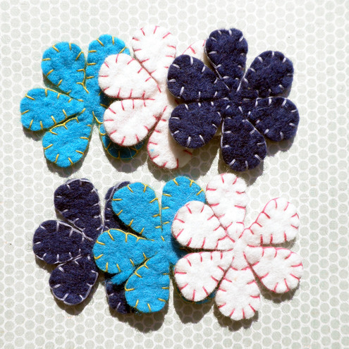 3x Multi Pack Wool Blue Felt Flower Petals